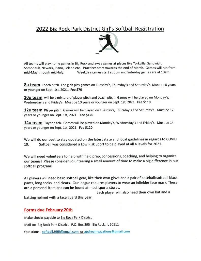 2022 Big Rock Park District Girl's Softball Registration