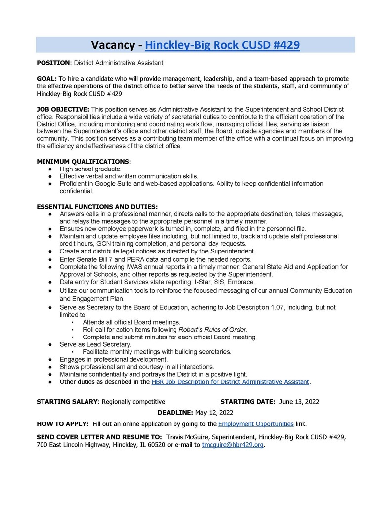 Admin Assistant Opening