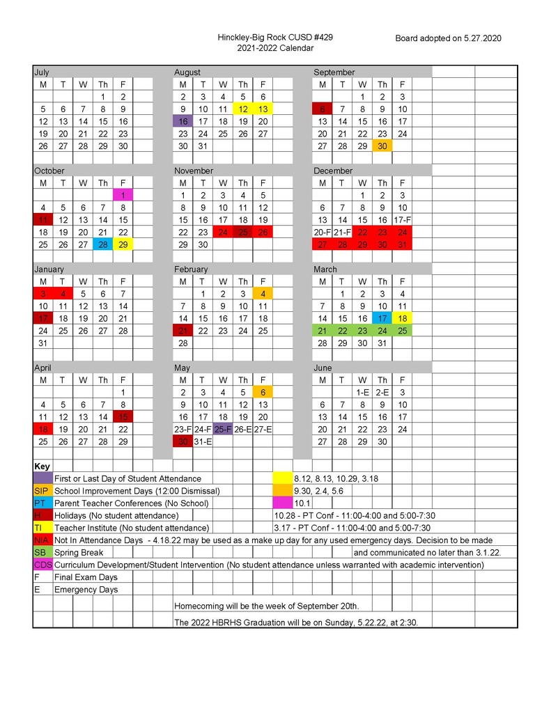 HBR Calendar School Year 2021-2022